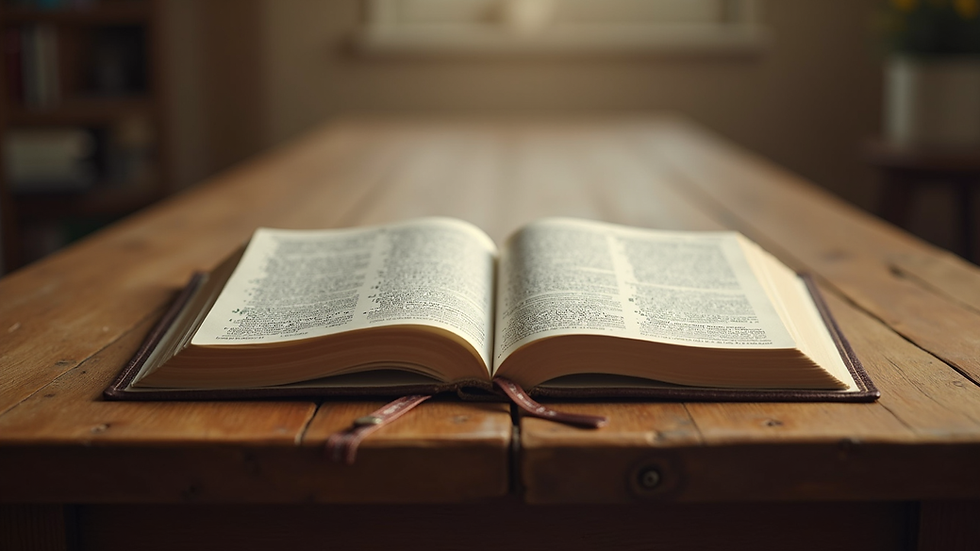 Eye-level view of an open Bible on a wooden table with a soft light