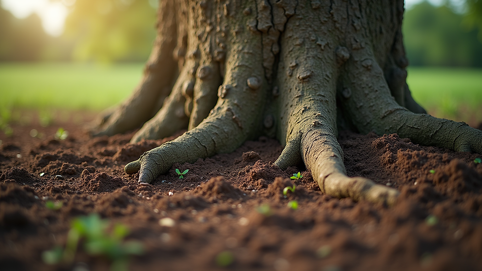 Close-up view of a tree trunk with roots visible in rich soil