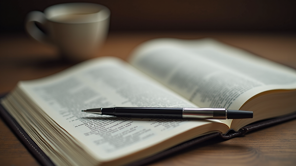 Eye-level view of a journal and pen beside an open Bible