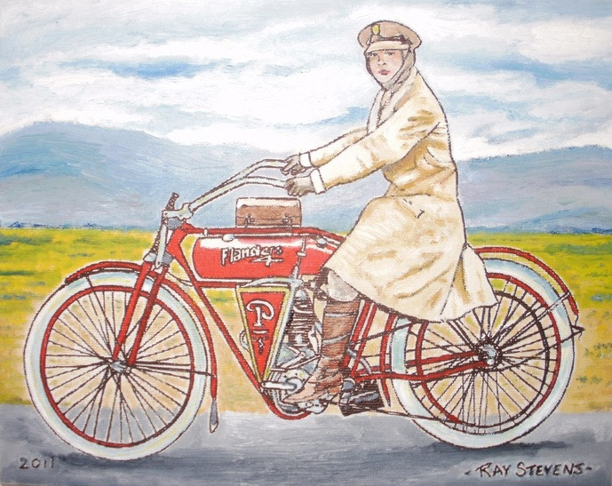 Ray Stevens paintings -Miss "Cy" Woodman, New York to San Francisco, circa 1912 - 2011 - oil on canvas board - 8"x10"