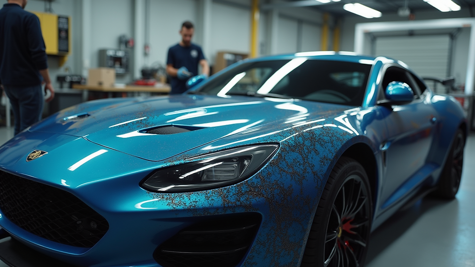 High angle view of a car being wrapped with a custom vinyl design
