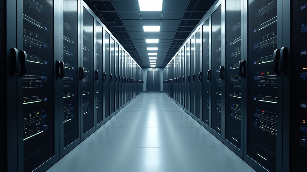 Wide angle view of a modern data center filled with servers