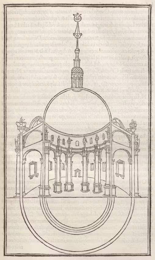 חתך ותוכנית הרצפה של מקדש ונוס פיזיזואה, אשר צריחו מתנשא בראשו עם ירח ברונזה בצורת סהר, ומעליו נשר ניצב בגאון, כנפיו פרושות לצדדים כסמל לעוצמה והתעלות.
