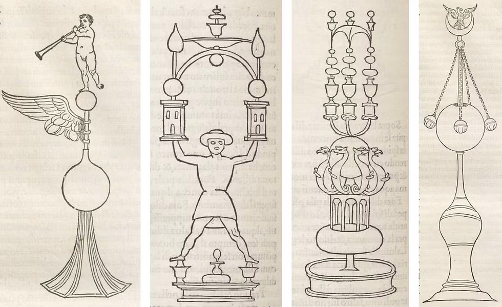 משמאל לימין: תרנגול רוח שעליו גאון (genius) תוקע בחצוצרה; עץ תאשור גזום בצורת אדם, רגליו נשענות על כדים וזרועותיו תומכות בקישוט בצורת מגדלים וקשת; עץ תאשור נוסף, מעוצב כמרכז שולחן דקורטיבי; ולבסוף, הכתר הדקורטיבי של מקדש השמש.