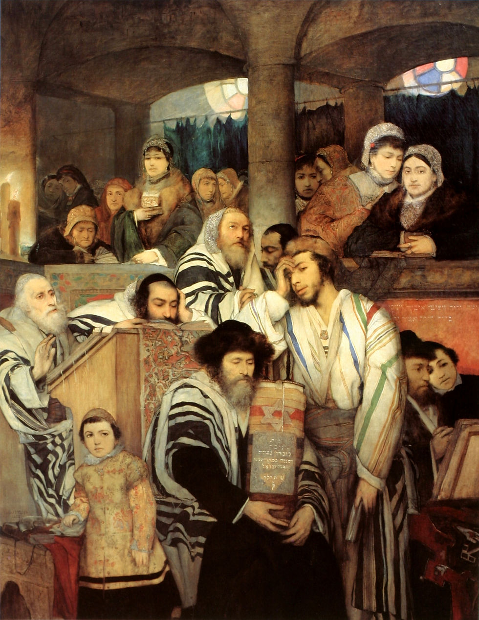 יהודים מתפללים בבית הכנסת ביום הכיפורים, ציור מאת מאוריצי גוטליב (1856 - 1879)