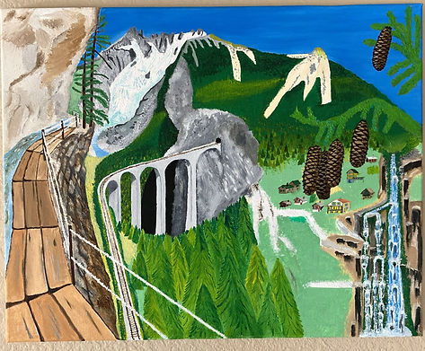 La Suisse 

Cette peinture reflète une touche suisse authentique, inspirée par les paysages à couper le souffle du Valais. Au cœur de la scène se trouve un bisse, un ancien canal d’irrigation qui a longtemps acheminé l’eau des ruisseaux de montagne vers les champs, les vignobles et les vergers. Souvent creusés à flanc de falaise, ces canaux sont à la fois un témoignage de l’ingéniosité humaine et un élément visuel marquant de la région.

Le bisse est accompagné d’une voie ferrée serpentant à travers les montagnes, traversant un pont et disparaissant dans un tunnel—symbolisant l’ingénierie ferroviaire de renommée mondiale de la Suisse. En arrière-plan, un glacier scintille, alimentant une cascade qui dévale la vallée. Des chalets traditionnels nichés parmi les pins majestueux complètent la scène, évoquant le charme intemporel des Alpes.

Pour Alain, cette peinture revêt une profonde signification personnelle. Enfant, il parcourait ces paysages en randonnée avec ses deux frères et sa mère, passant des journées entières à gravir les sommets—où, en hiver, les pistes de ski prenaient vie. Il ressent une grande nostalgie pour la splendeur des Alpes et, à travers cette peinture, il cherche à capturer non seulement leur beauté, mais aussi les souvenirs et les émotions précieuses qu’elles lui évoquent.