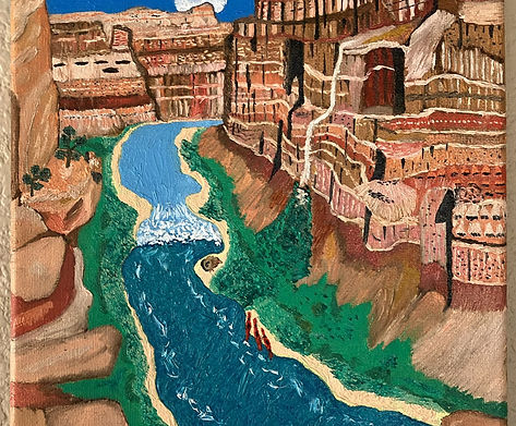 Le Grand-Canyon

Dans cette peinture, Alain capture une vue saisissante depuis le bord du Grand Canyon, plongeant le regard vers les eaux sinueuses du fleuve Colorado. Les couleurs du fleuve racontent une histoire : à l’avant-plan, un bleu profond reflète le calme des eaux lentes, ourlées de blanc sur les bords. Puis, au-delà de l’étranglement des rapides, l’eau prend une teinte plus claire, saturée d’oxygène et en perpétuel mouvement.

Sur la droite, une cascade se déverse gracieusement dans le canyon, juste avant une petite plage de sable où trois kayaks sont tirés sur la rive—un pour chacun de ses fils et un pour lui-même. Le paysage environnant est aride et rocailleux, presque dépourvu de végétation, sauf sur une petite corniche proche du spectateur, où un îlot de verdure résiste à l’environnement impitoyable.

Alain a porté une attention méticuleuse aux strates rocheuses, chaque couleur révélant un chapitre de l’histoire géologique du canyon. À l’horizon, les falaises s’étendent vers la droite, guidant le fleuve dans sa course infinie.

Mais au-delà de cette peinture, le lien d’Alain avec le Grand Canyon est profond. Il a traversé le canyon de bord à bord et entrepris de nombreuses randonnées jusqu’à Phantom Ranch—certaines en aller-retour sur la journée, d’autres en campant au fond du canyon. Là-bas, dans le restaurant chaleureux du ranch, il se souvient des soirées animées, à jouer aux jeux mis à disposition des visiteurs. Ses explorations l’ont également mené aux spectaculaires chutes d’Havasupai, près du village indien Havasu, à Lees Ferry, ainsi qu’aux sentiers reliant le South Rim Village à Hermit Point.

Cette peinture est bien plus qu’un paysage : elle est le reflet d’une aventure, d’un souvenir, et d’un lien profond entre l’homme et la nature grandiose qui l’entoure.