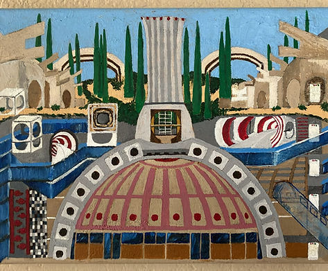 Arcologie

En Arizona, nous avons un exemple concret d'arcologie—un concept novateur qui fusionne l'architecture et l'écologie pour créer des habitats hautement autonomes et densément peuplés, en parfaite harmonie avec l’environnement. Cette idée a été développée par l’architecte Paolo Soleri, et bien sûr, Alain a visité Arcosanti, un lieu qui semble tout droit sorti d’un roman de science-fiction.

Inspiré par son esthétique futuriste, il a voulu l’immortaliser dans une peinture à l’huile. Les arches saisissantes ont particulièrement attiré son attention, et il a cherché à intégrer certains de ces éléments dans une composition visuellement captivante.
Vous pouvez entrer ces coordonnées dans Google Maps pour voir l'emplacement d'Arcosanti