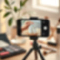 A close-up, soft aesthetic photo of a smartphone mounted on a small tabletop tripod, recor