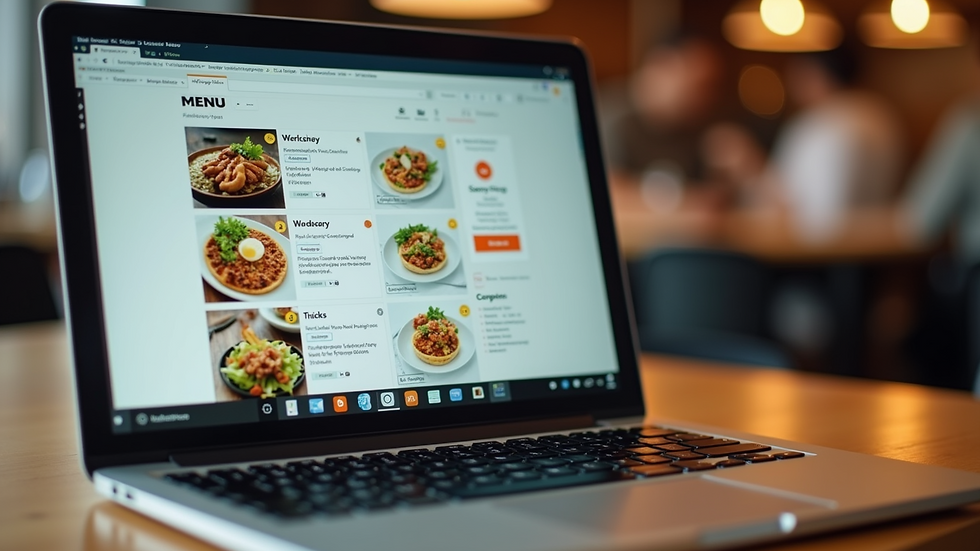 Close-up view of a laptop screen showing a detailed online food menu with customization options
