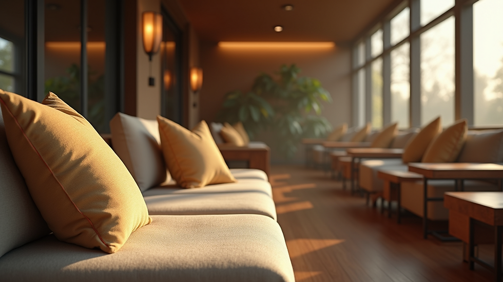 Close-up of a cozy lounge area with cushioned seats and soft lighting