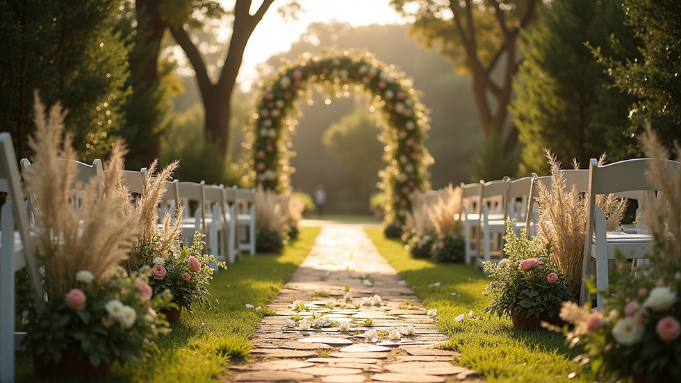 Eye-level view of a garden wedding setup with soft lighting and floral decorations
