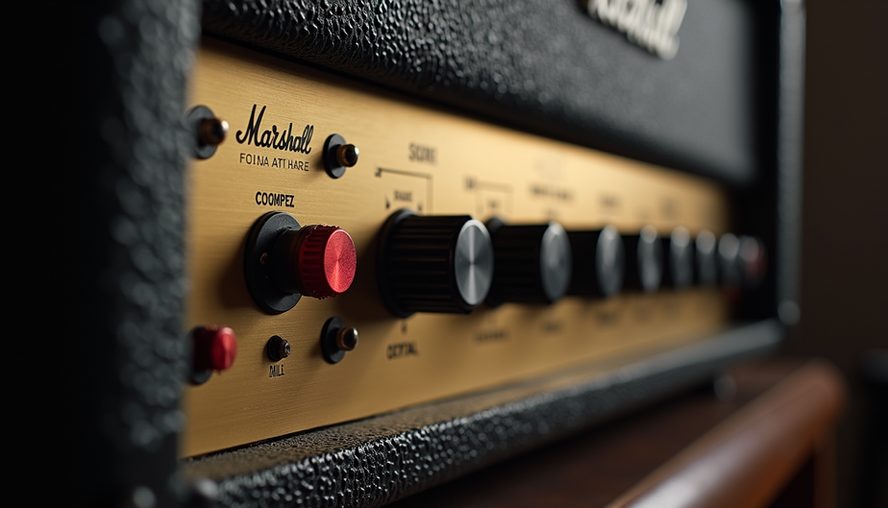 Close-up view of a vintage Marshall Plexi amplifier front panel with knobs and logo