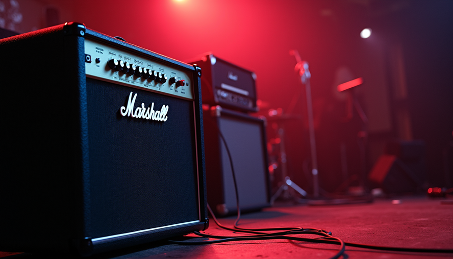 Eye-level view of Marshall 1987x amplifier on stage with guitar cable plugged in