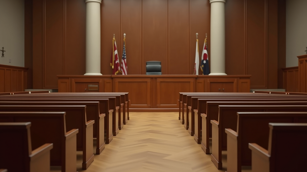 Eye-level view of a courtroom with empty benches