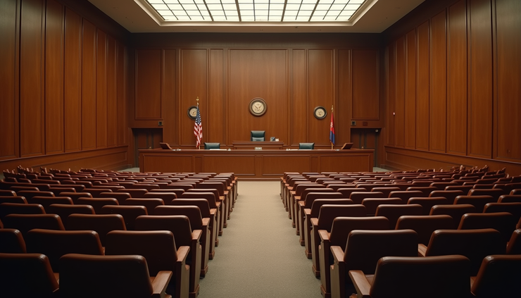 High angle view of a courtroom with empty seats and a judge's bench