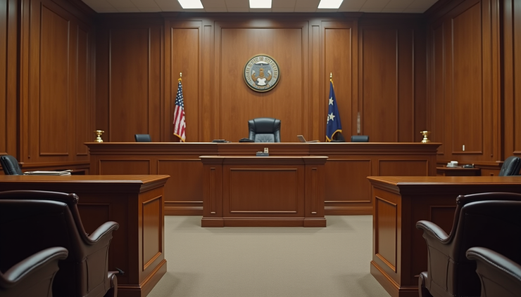 Eye-level view of courtroom with empty judge’s bench and witness stand