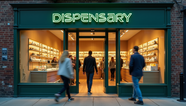 High angle view of a Missouri dispensary storefront with customers entering