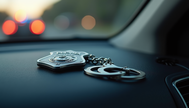 Close-up view of police badge and handcuffs on a patrol car dashboard
