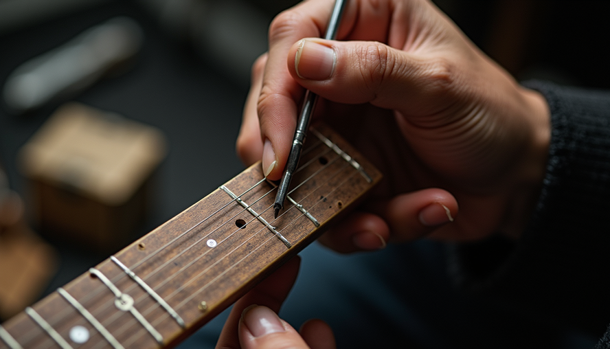 High angle view of guitar technician adjusting frets on guitar neck