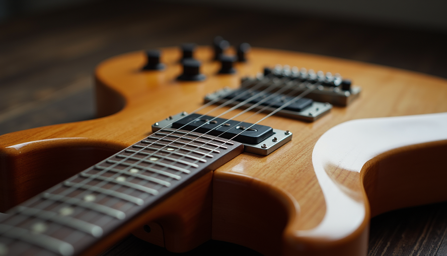 Close-up view of a PRS guitar body highlighting its carved maple top and bird inlays
