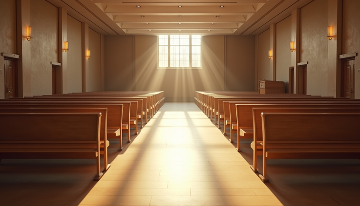 High angle view of a courtroom hallway with empty benches and natural light