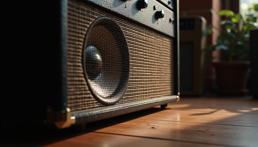 Eye-level view of a guitar amplifier cabinet with Jensen C12N speaker installed