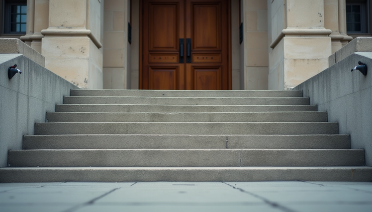 Eye-level view of a courthouse entrance with steps leading up to large doors