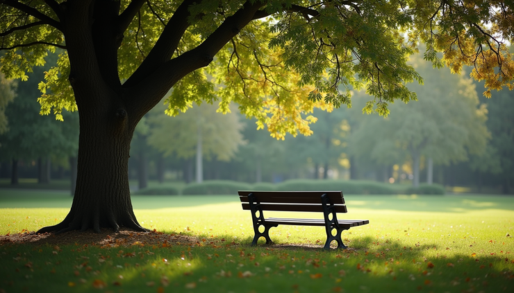 High angle view of a quiet park bench under a tree, symbolizing reflection and recovery