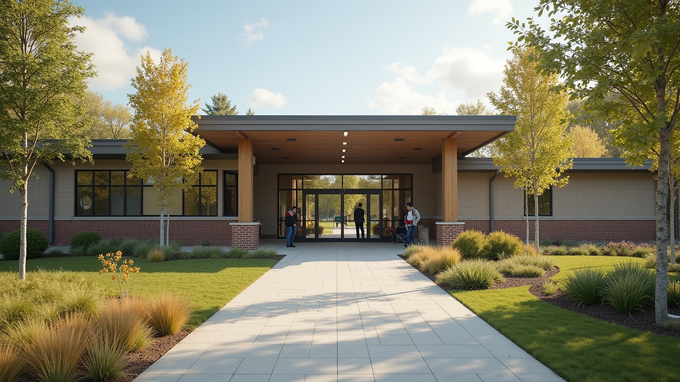 Eye-level view of a community center providing resources for low-income families