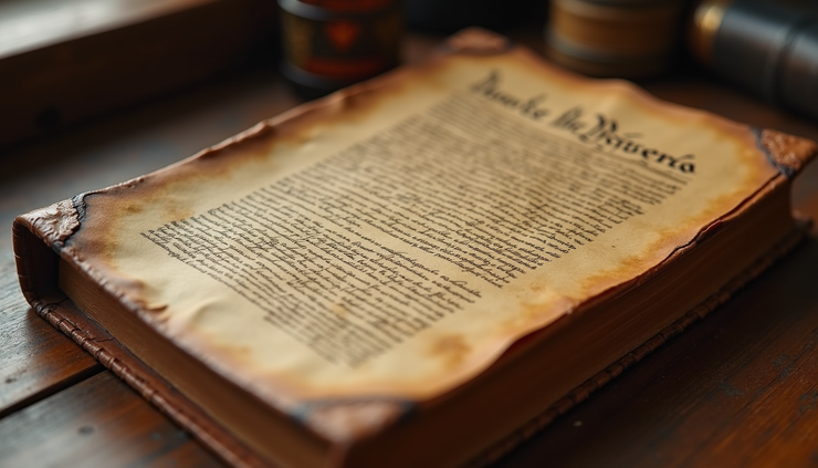 Eye-level view of a historic leather-bound copy of the United States Constitution on a wooden table