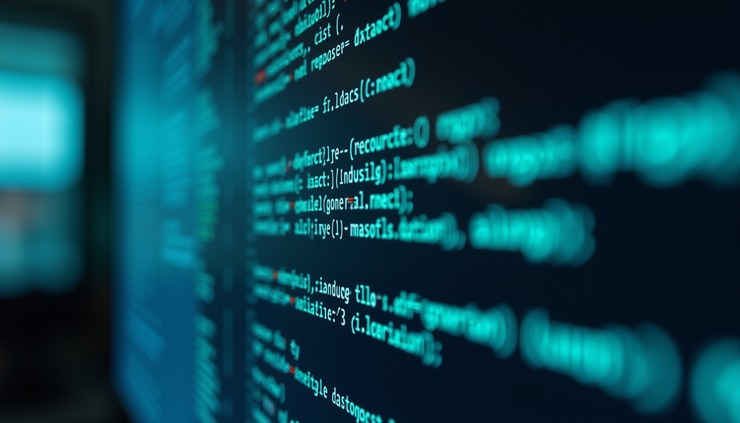Close-up view of AI algorithm code on a computer screen in a defense research center