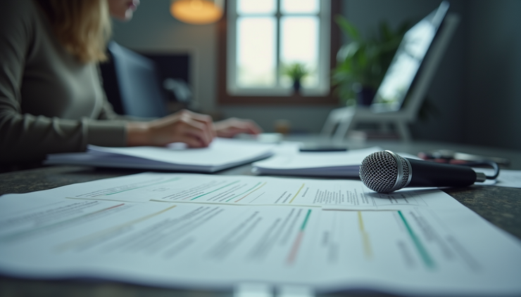 Close-up of a newsroom desk with scattered papers and a microphone