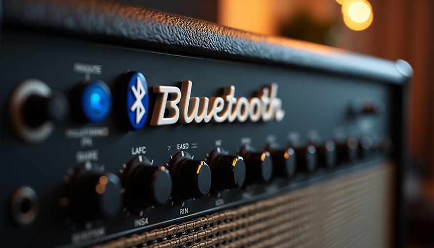 Eye-level view of a mid-sized guitar amplifier with Bluetooth and control panel