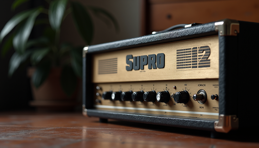 High angle view of Supro Blues King 12 amplifier with vintage design