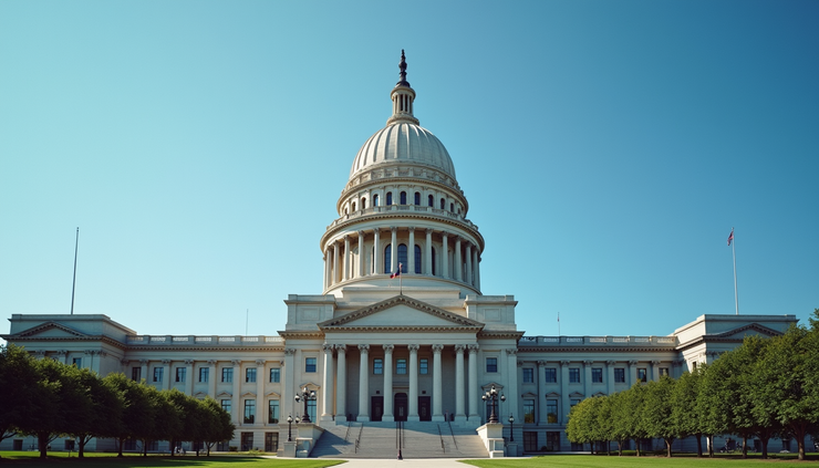 Eye-level view of Missouri state capitol building with clear sky