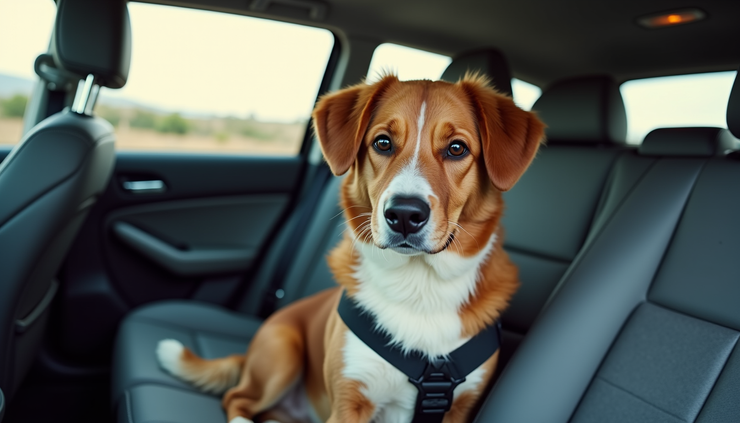 High angle view of a dog secured in a car seat with a harness