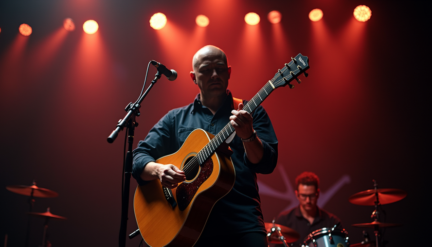 High angle view of a musician tuning a guitar on stage