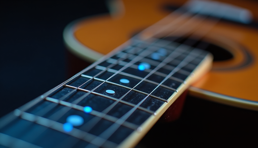 Close-up view of guitar fretboard showing pentatonic scale notes