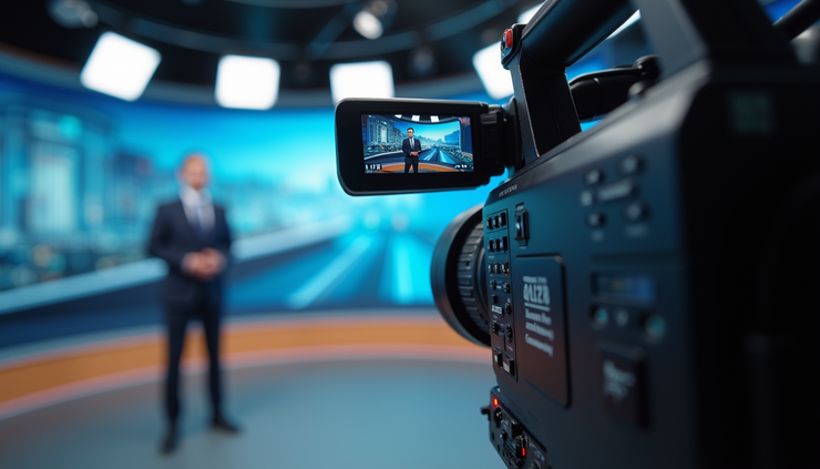 Eye-level view of a television camera filming a news anchor in a studio
