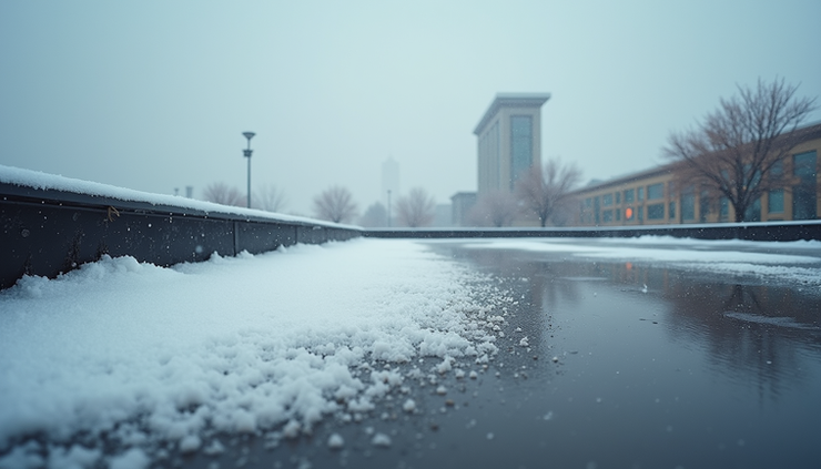 Eye-level view of a Twin Cities commercial building roof with snow melting and visible wear