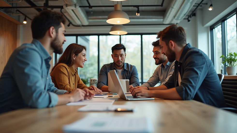 Eye-level view of a diverse group of entrepreneurs collaborating in a modern workspace