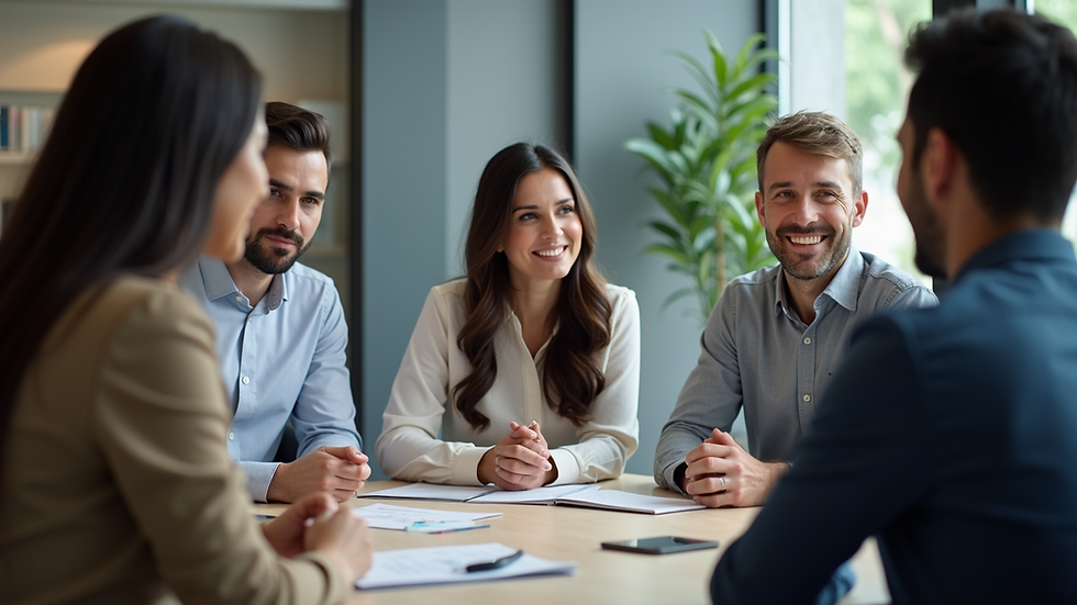Eye-level view of a diverse group of business owners discussing AI marketing solutions