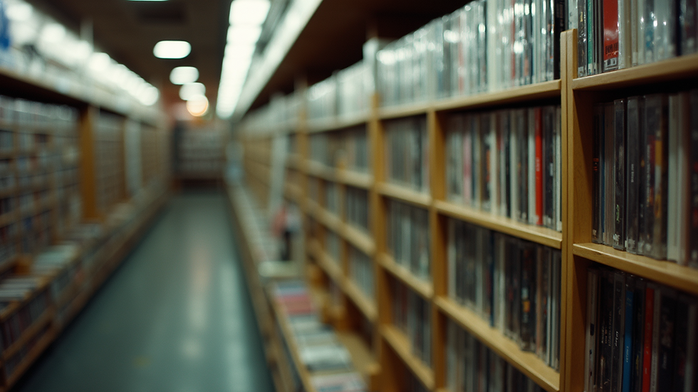 Eye-level view of a vintage CD rack in a music store