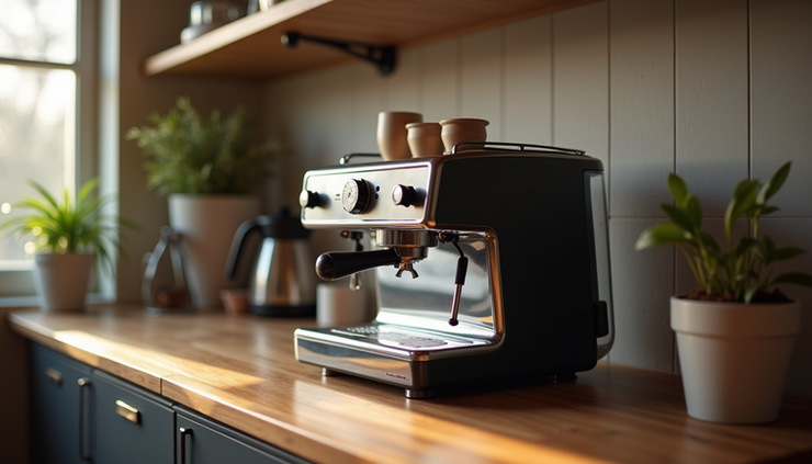 Vue rapprochée d'une machine à café La Marzocco Linea Mini sur un comptoir en bois