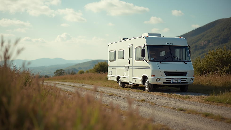 Eye-level view of a caravan parked at a scenic long-term parking spot
