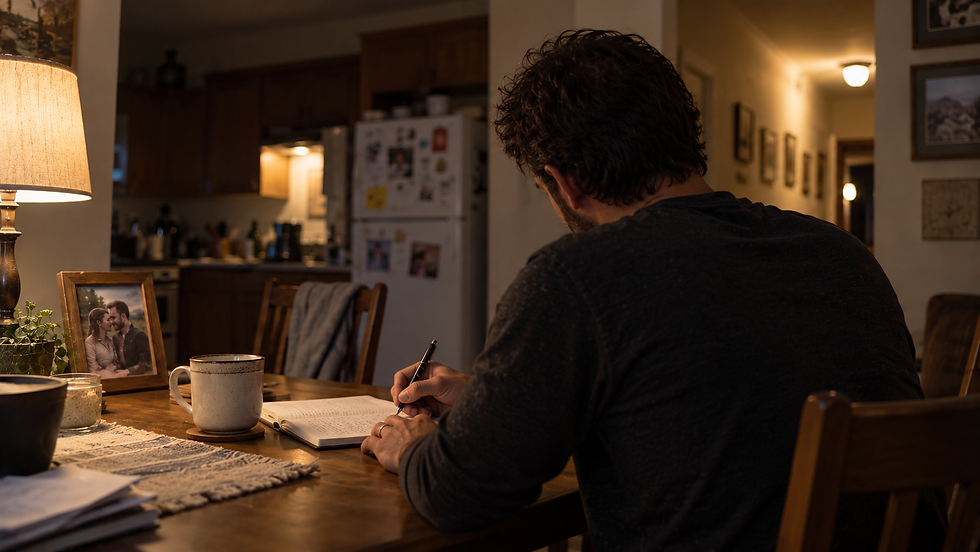 Open journal, coffee, and wedding ring on a quiet table at night, reflecting on emotional distance in marriage and personal recovery.