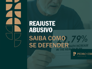 Homem segurando papel com aumento no plano de saúde, texto "Reajuste Abusivo, Saiba Como se Defender". Marca Pedro Enrique Advocacia. Fundo escuro.