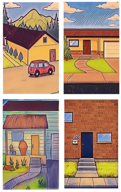 Four Houses with different designs; each has been given a nickname signifying the childhood identity given to each. Last California House, Riverton House, Green House, and First Apartment.   