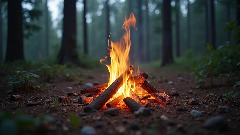 Eye-level view of a small campfire burning in a forest clearing